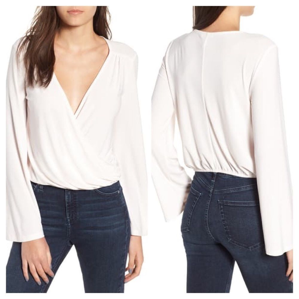 Leith Faux Wrap Blouse Knit Top Blush Pink V-neck Elastic waist Bell Sleeve